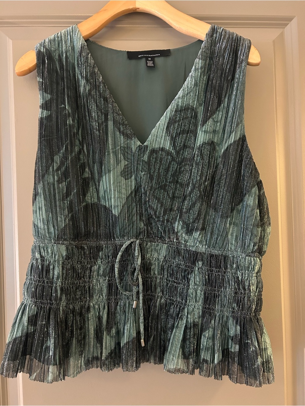 White House Black Market Olive Green Pleated V-Neck Sleeveless Top